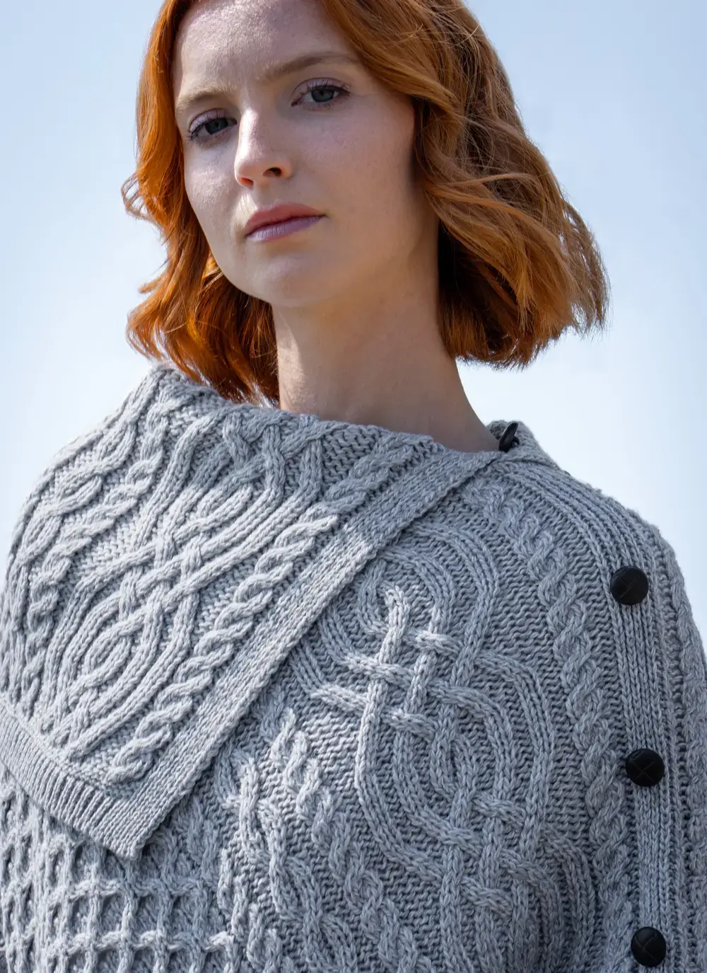 Honeycomb Cable Button Poncho in Soft Grey | Blarney